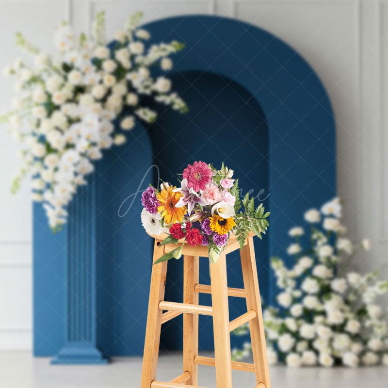 Aperturee - Aperturee White Wall Blue Arch Floral Wedding Photo Backdrop