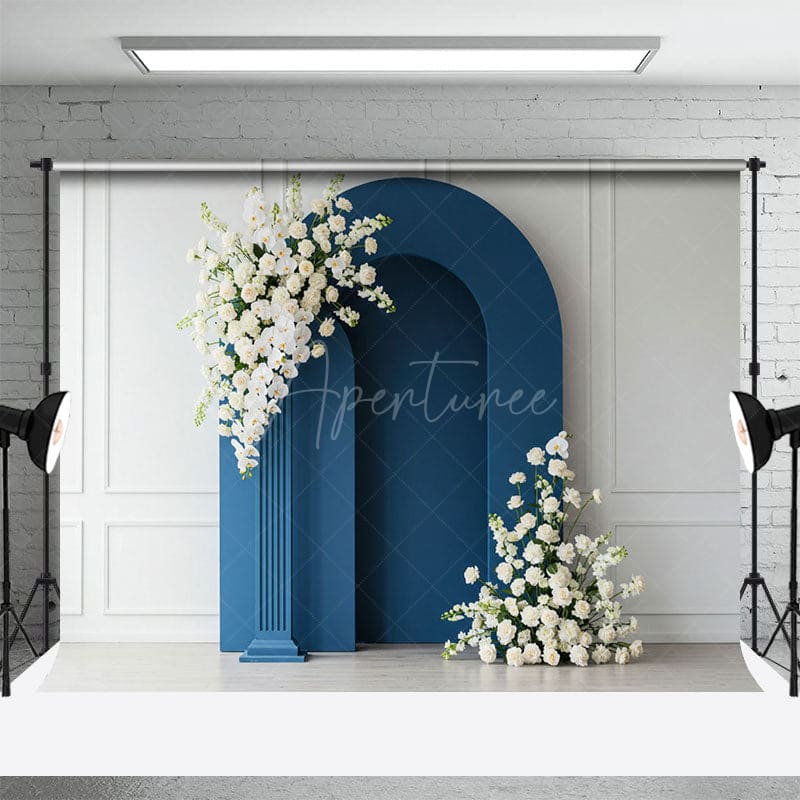 Aperturee - Aperturee White Wall Blue Arch Floral Wedding Photo Backdrop
