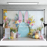 Aperturee - Aperturee White Wall Color Floral Bunny Eggs Easter Backdrop