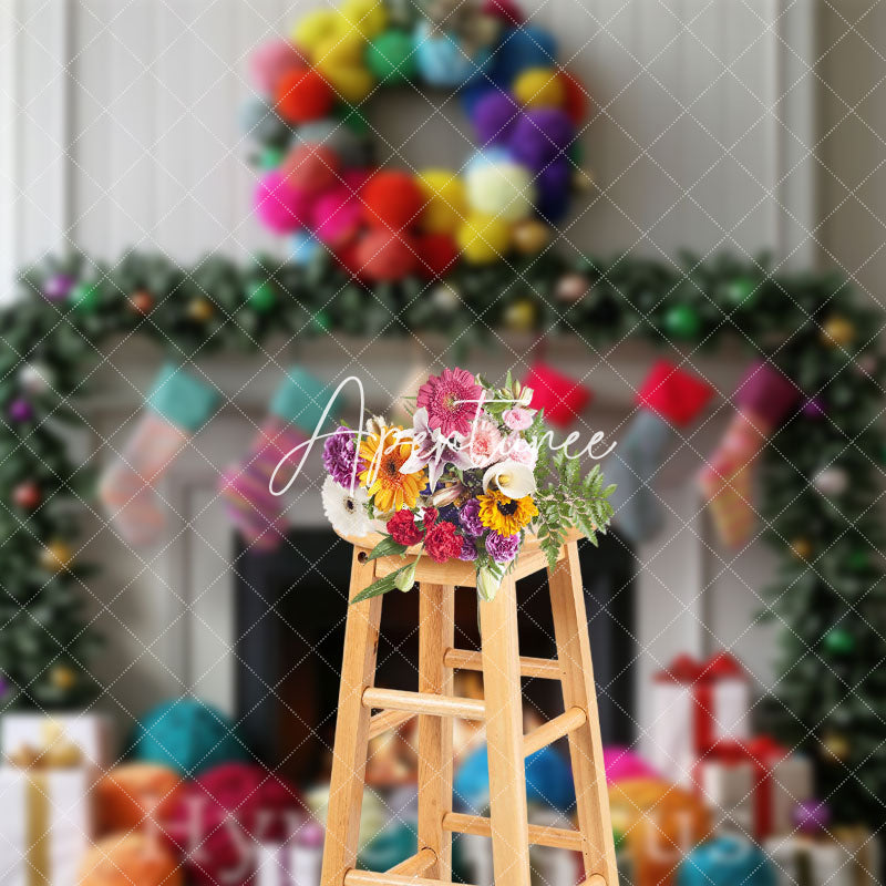 Aperturee - Aperturee White Wall Fireplace Colorful Socks Gifts Backdrop
