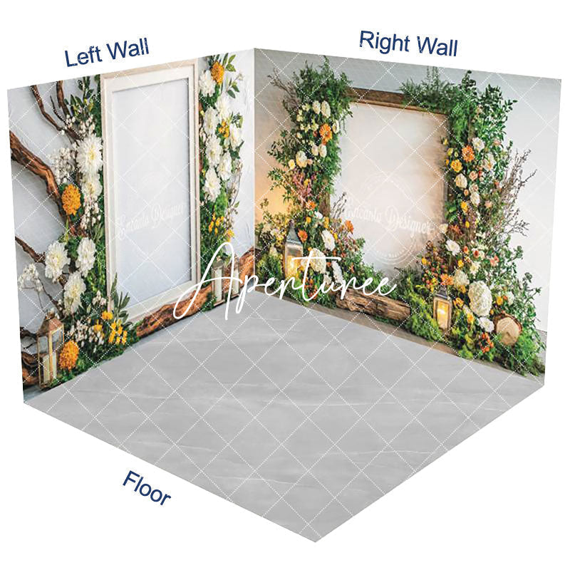 Aperturee - Aperturee White Wall Greenery Floral Frame Room Set Backdrop