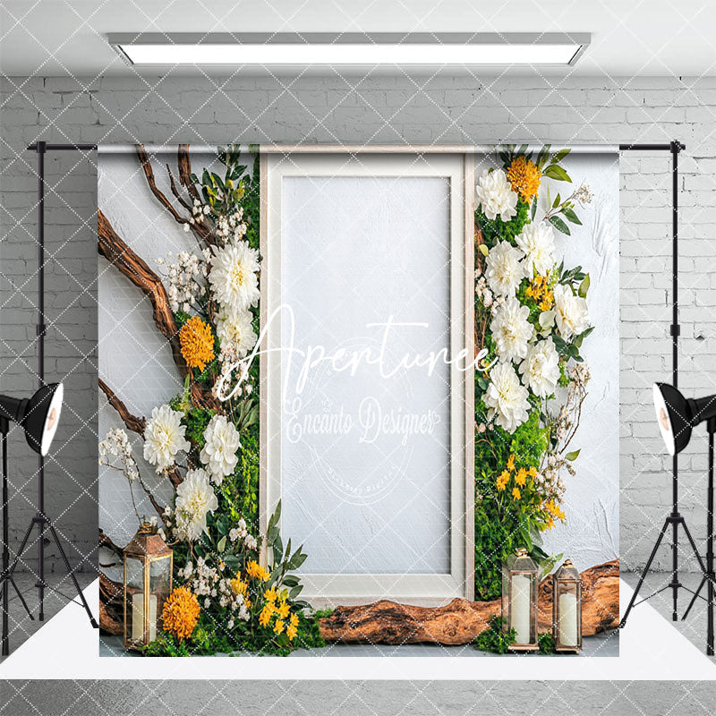 Aperturee - Aperturee White Wall Greenery Floral Frame Room Set Backdrop