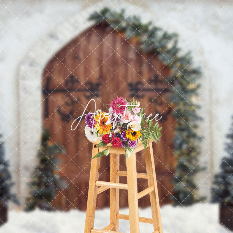 Aperturee - Aperturee White Wall Xmas Tree Wood Cowboy Holiday Backdrop