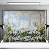 Aperturee - Aperturee White Window Mural Floral Greenry Spring Backdrop