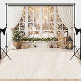 Aperturee - Aperturee White Window Snowy Christmas Tree Gifts Garland Combo Set Backdrop Winter Holiday Party Decor