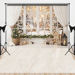 Aperturee - Aperturee White Window Snowy Christmas Tree Gifts Garland Combo Set Backdrop Winter Holiday Party Decor