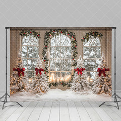 Aperturee - Aperturee White Window Snowy Forest Scenery Christmas Backdrop