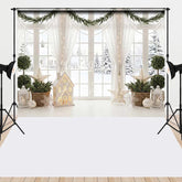 Aperturee - Aperturee White Window Snowy Winter Scene Christmas Garland Combo Set Backdrop Festive Holiday Home Decor Photography