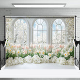 Aperturee - Aperturee White Window Trees Pink Floral Spring Photo Backdrop