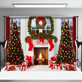 Aperturee - Aperturee White Window Wreath Fireplace Christmas Backdrop