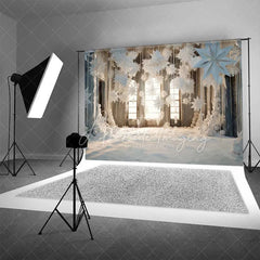 Aperturee - Aperturee White Winter Window Backdrop Hanging Paper Snowflakes Snow Floor Bright Room Photo Background