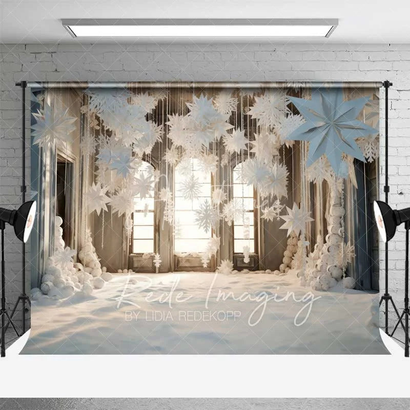 Aperturee - Aperturee White Winter Window Backdrop Hanging Paper Snowflakes Snow Floor Bright Room Photo Background
