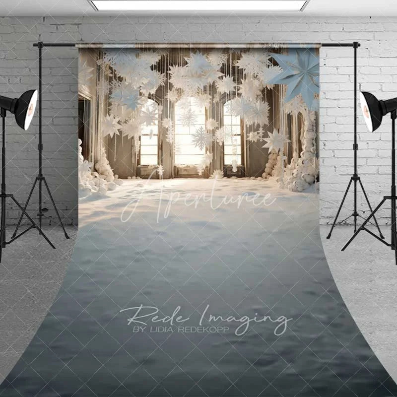 Aperturee - Aperturee White Winter Window Sweep Backdrop Hanging Paper Stars Snow Floor Bright Room Photo Background