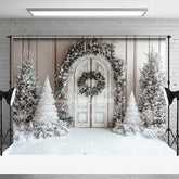 Aperturee - Aperturee White Wood Door Christmas Backdrop Snowy Flocked Tree Garland Photography Background