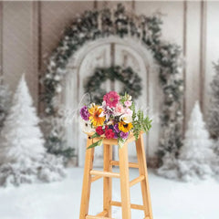 Aperturee - Aperturee White Wood Door Christmas Backdrop Snowy Flocked Tree Garland Photography Background
