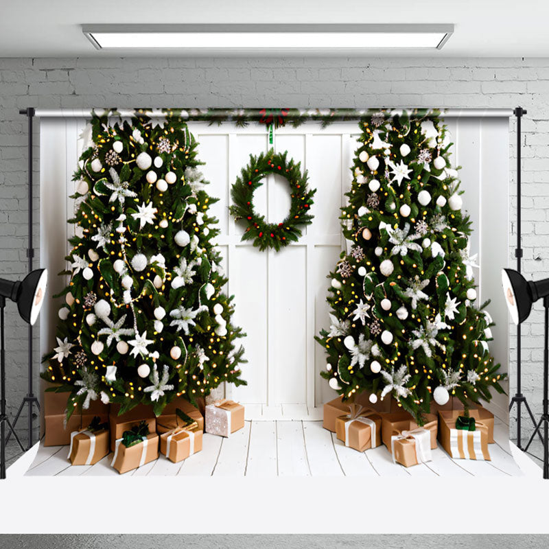 Aperturee - Aperturee White Wood Door Wreath Christmas Tree Gift Backdrop