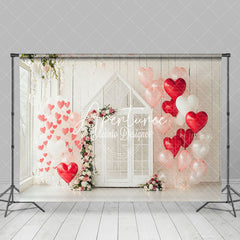 Aperturee - Aperturee White Wood Wall House Red Balloons Floral Backdrop