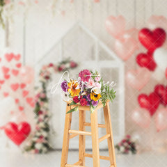 Aperturee - Aperturee White Wood Wall House Red Balloons Floral Backdrop