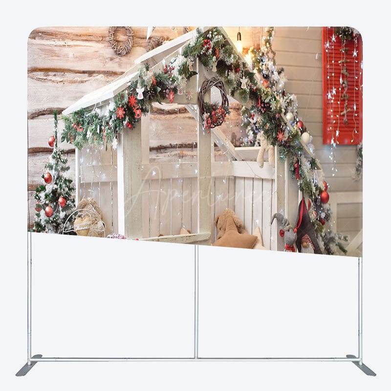Aperturee - Aperturee White Wooden House Christmas Fabric Tension Backdrop