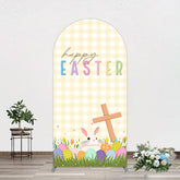 Aperturee - Aperturee White Yellow Plaid Eggs Bunny Easter Arch Backdrop