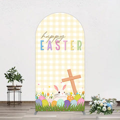 Aperturee - Aperturee White Yellow Plaid Eggs Bunny Easter Arch Backdrop