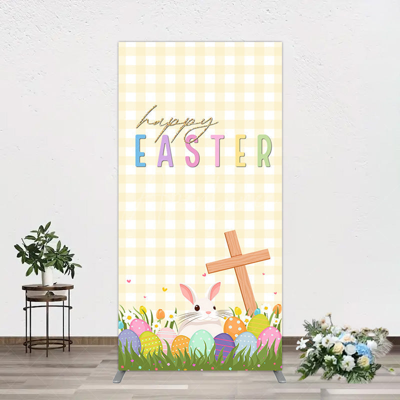 Aperturee - Aperturee White Yellow Plaid Eggs Bunny Easter Rectangle Backdrop