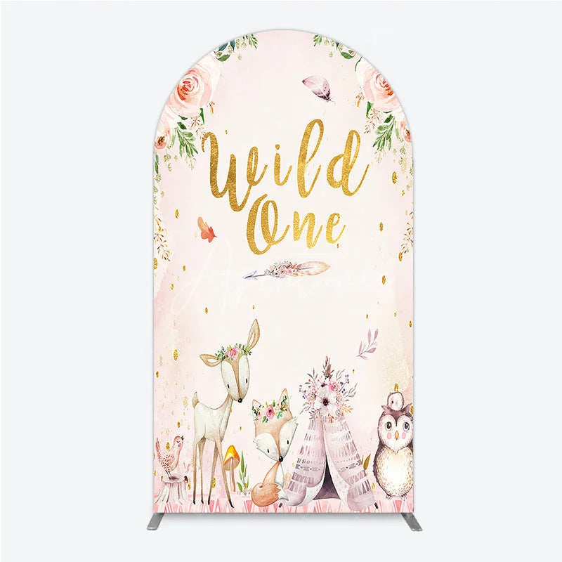 Aperturee - Aperturee Wild One Arch Backdrop Boho Woodland Animals Baby Shower Pink Floral Fox Deer Party Decor for Girl
