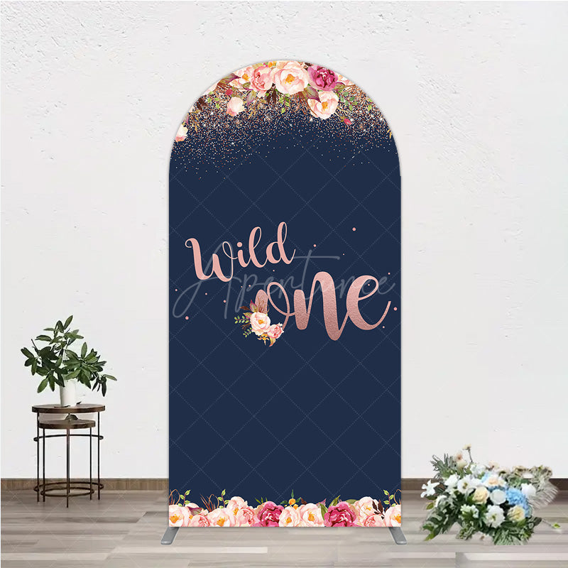 Aperturee - Aperturee Wild One First Birthday Arch Backdrop for Girl Boho Floral Navy Blue and Rose Gold Party Decor Photo Booth Banner
