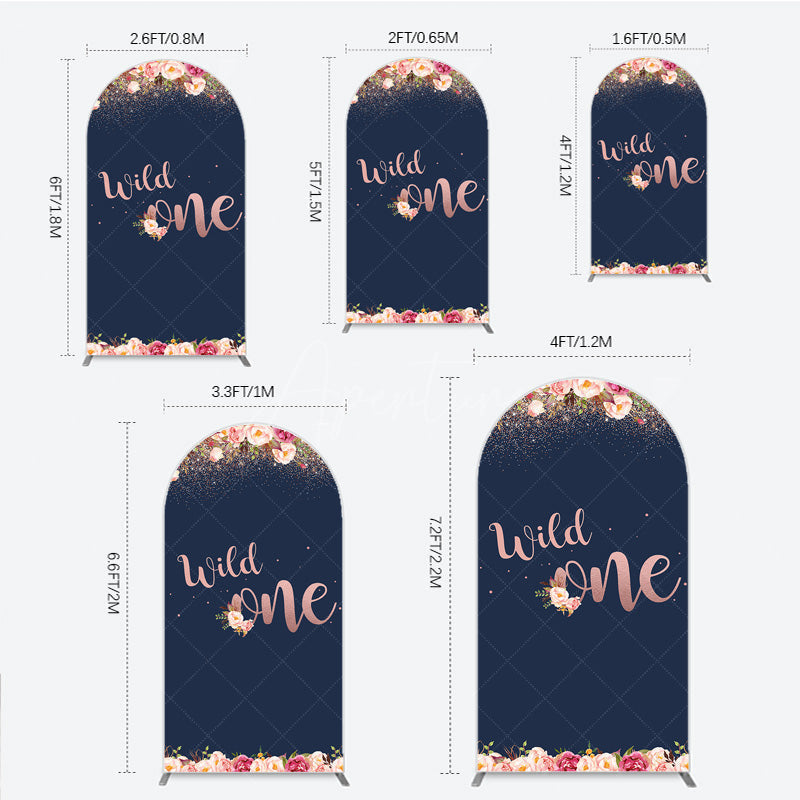 Aperturee - Aperturee Wild One First Birthday Arch Backdrop for Girl Boho Floral Navy Blue and Rose Gold Party Decor Photo Booth Banner
