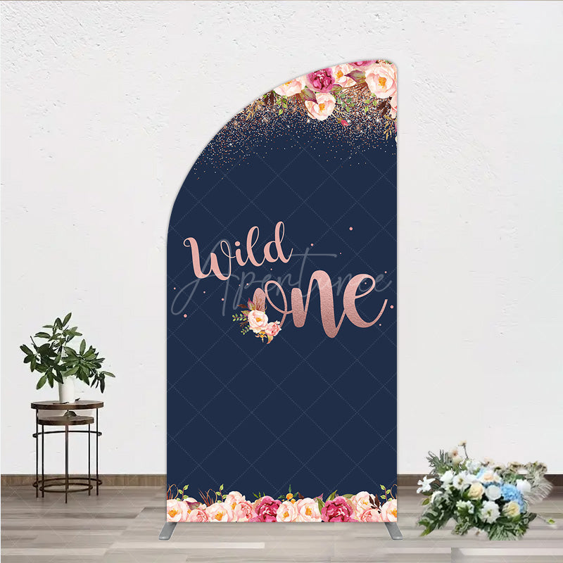 Aperturee - Aperturee Wild One First Birthday Half Moon Arch Backdrop for Girl Boho Floral Navy Blue and Rose Gold Party Decor Photo Booth