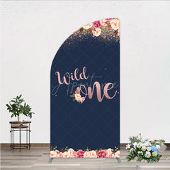 Aperturee - Aperturee Wild One First Birthday Half Moon Arch Backdrop for Girl Boho Floral Navy Blue and Rose Gold Party Decor Photo Booth