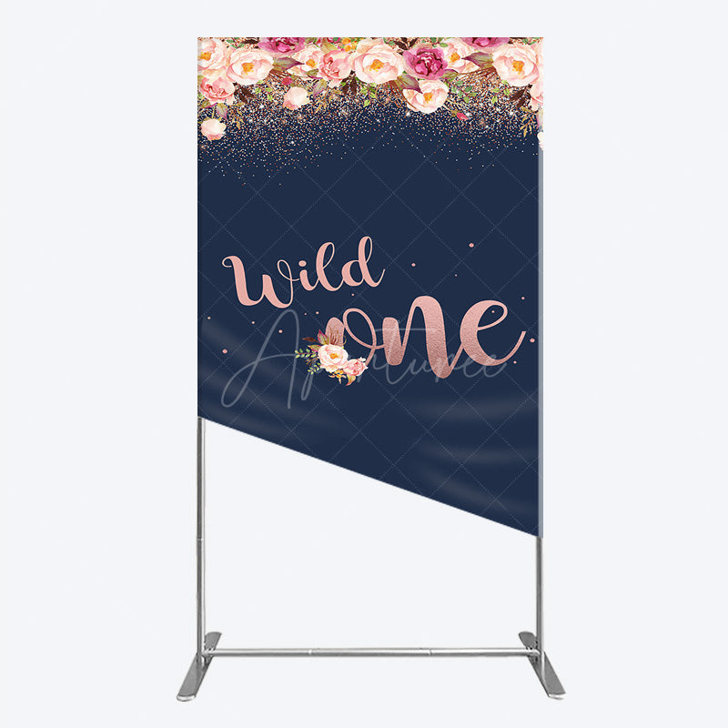 Aperturee - Aperturee Wild One First Birthday Rectangle Backdrop for Girl Boho Floral Navy Blue and Rose Gold Party Decor Photo Booth Banner