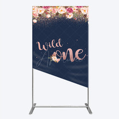 Aperturee - Aperturee Wild One First Birthday Rectangle Backdrop for Girl Boho Floral Navy Blue and Rose Gold Party Decor Photo Booth Banner