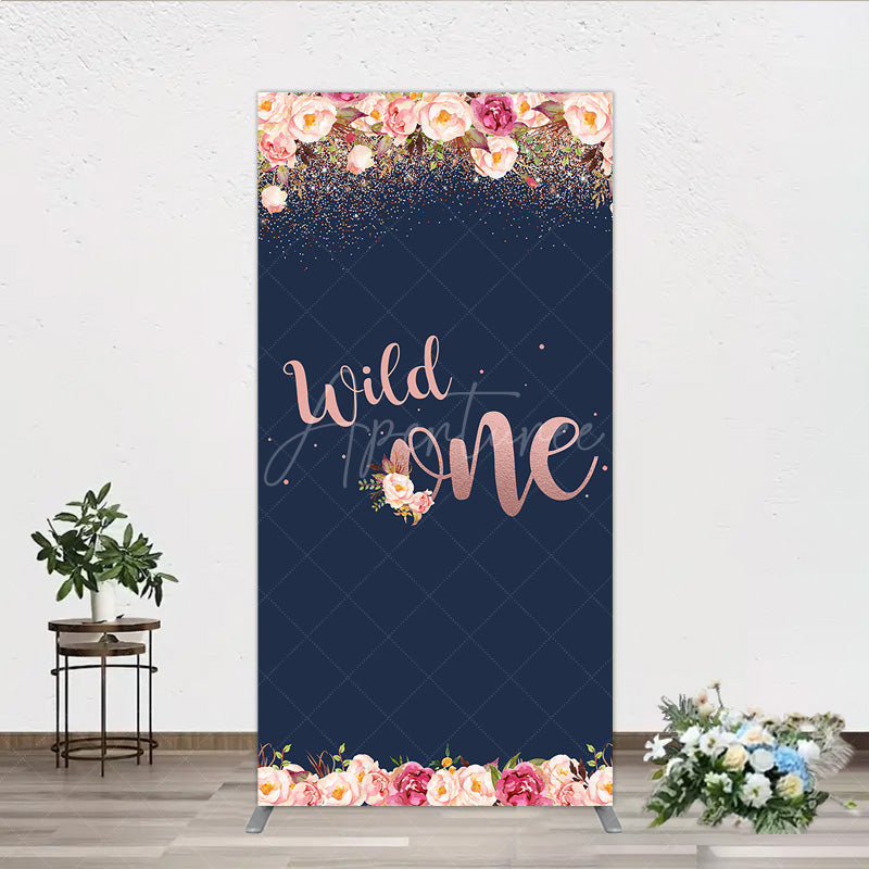 Aperturee - Aperturee Wild One First Birthday Rectangle Backdrop for Girl Boho Floral Navy Blue and Rose Gold Party Decor Photo Booth Banner