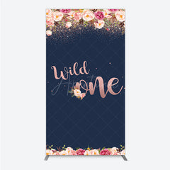 Aperturee - Aperturee Wild One First Birthday Rectangle Backdrop for Girl Boho Floral Navy Blue and Rose Gold Party Decor Photo Booth Banner