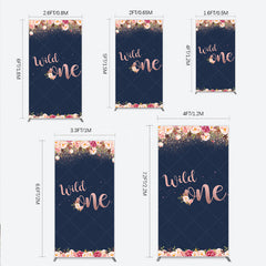 Aperturee - Aperturee Wild One First Birthday Rectangle Backdrop for Girl Boho Floral Navy Blue and Rose Gold Party Decor Photo Booth Banner