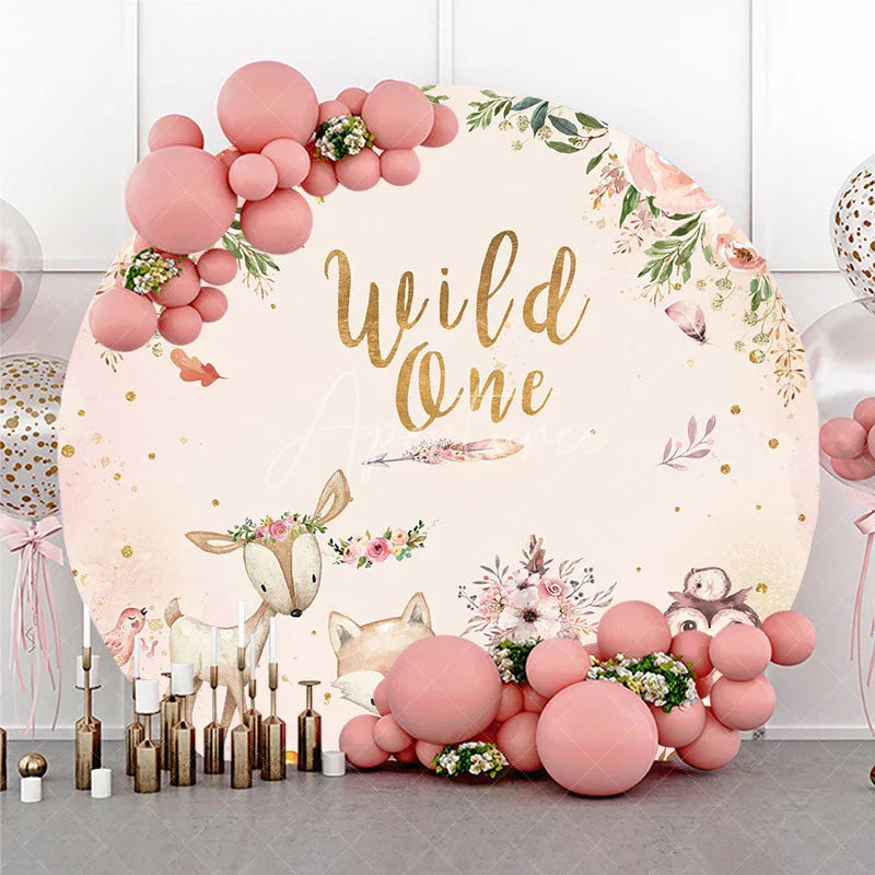 Aperturee - Aperturee Wild One First Birthday Round Backdrop Boho Woodland Animals with Fox and Deer Girl or Boy Party Decor