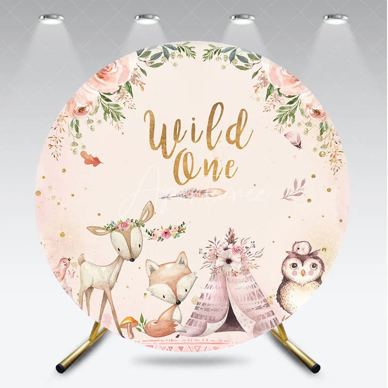 Aperturee - Aperturee Wild One First Birthday Round Backdrop Boho Woodland Animals with Fox and Deer Girl or Boy Party Decor