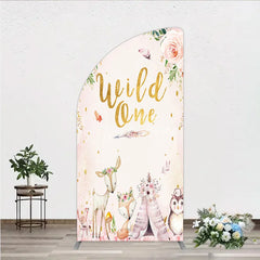 Aperturee - Aperturee Wild One Half Moon Arch Backdrop Boho Woodland Animals Baby Shower Pink Floral Fox Deer Party Decor for Girl