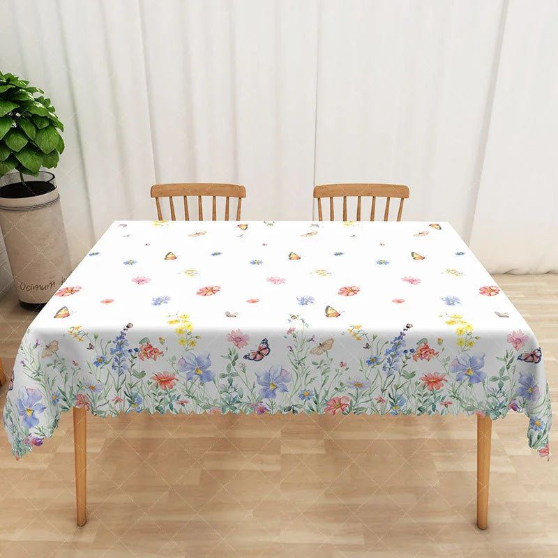 Aperturee - Aperturee Wildflower Butterfly Rectangle Tablecloth Colorful Spring Meadow Table Cover Garden Tea Party Home Decor