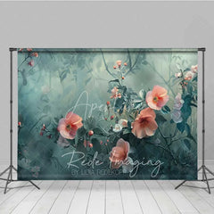 Aperturee - Aperturee Wildflower Garden Photography Backdrop Peach Coral Flowers Teal Green Leaves Background Nature Fine Art Prop