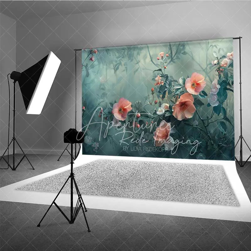 Aperturee - Aperturee Wildflower Garden Photography Backdrop Peach Coral Flowers Teal Green Leaves Background Nature Fine Art Prop