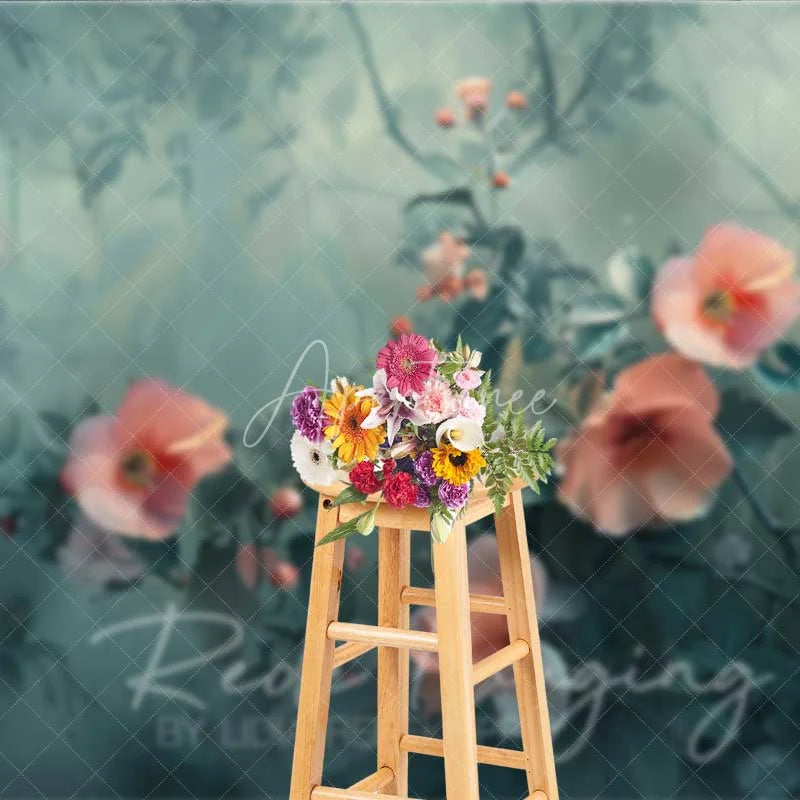 Aperturee - Aperturee Wildflower Garden Photography Backdrop Peach Coral Flowers Teal Green Leaves Background Nature Fine Art Prop