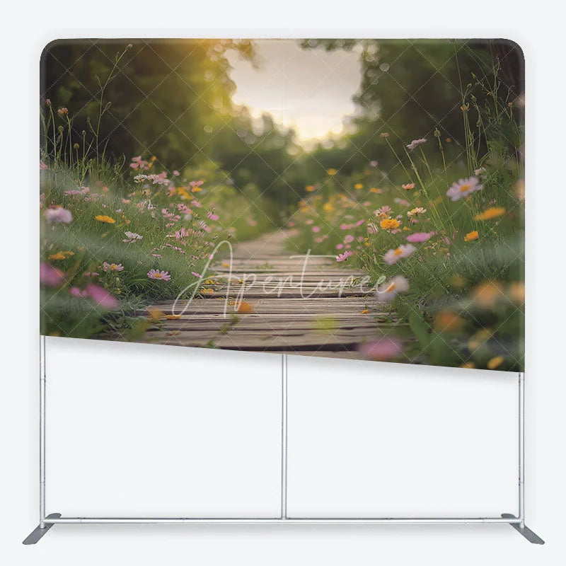 Aperturee - Aperturee Wildflower Meadow and Wooden Path Backdrop Spring Garden Heart Sunlight Scene Floral Tension Fabric Backdrop