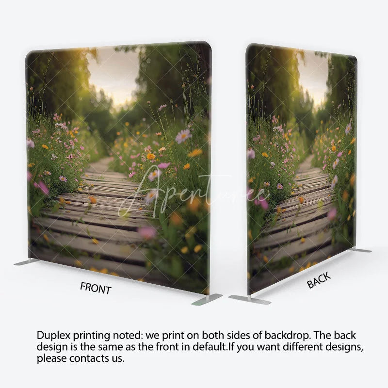 Aperturee - Aperturee Wildflower Meadow and Wooden Path Backdrop Spring Garden Heart Sunlight Scene Floral Tension Fabric Backdrop