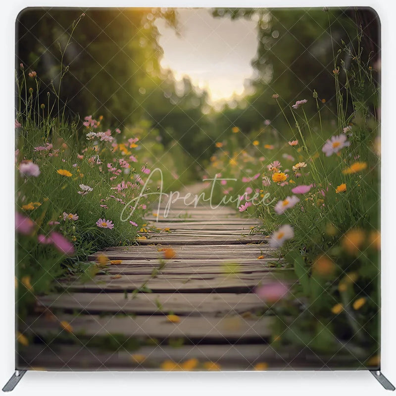 Aperturee - Aperturee Wildflower Meadow and Wooden Path Backdrop Spring Garden Heart Sunlight Scene Floral Tension Fabric Backdrop