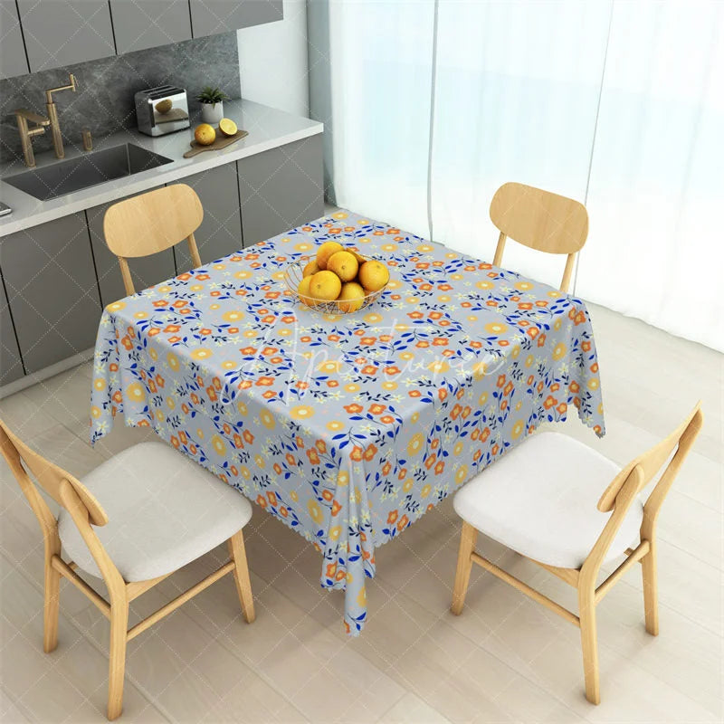 Aperturee - Aperturee Wildflower Meadow Gray Rectangle Tablecloth Orange and Yellow Floral Pattern Table Cover for Party