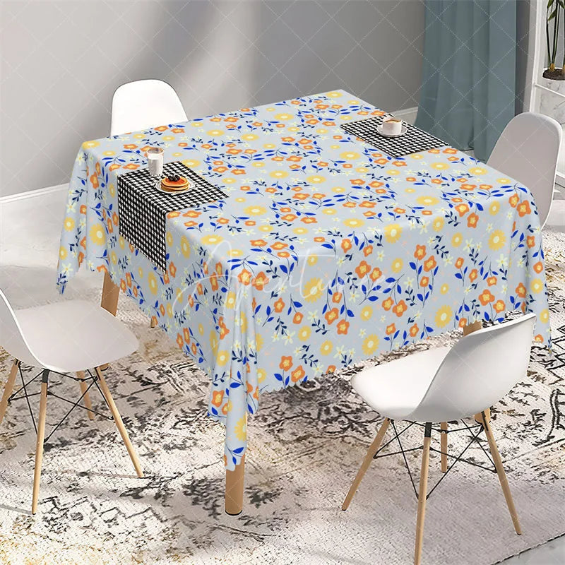 Aperturee - Aperturee Wildflower Meadow Gray Rectangle Tablecloth Orange and Yellow Floral Pattern Table Cover for Party