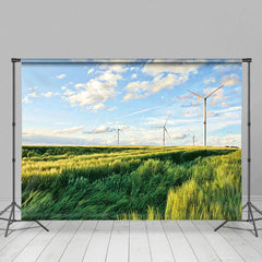 Aperturee - Aperturee Windmill Green Grassland Sky Photography Backdrop