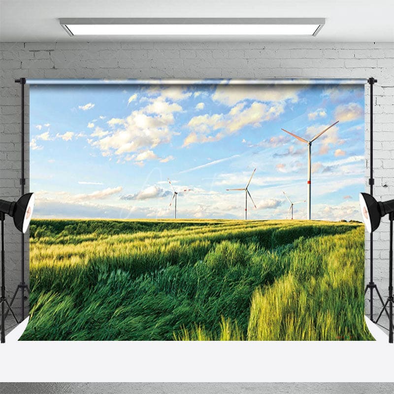 Aperturee - Aperturee Windmill Green Grassland Sky Photography Backdrop